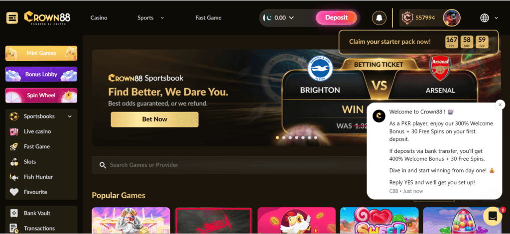 CROWN88 Game main lobby interface displaying navigation menus, balance bar, and 300% welcome bonus popup
