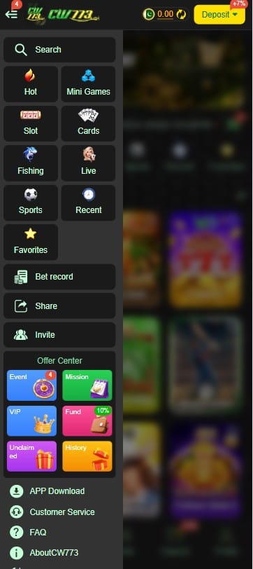 CW773 game sidebar menu showing categories like hot mini games slot cards fishing and sports