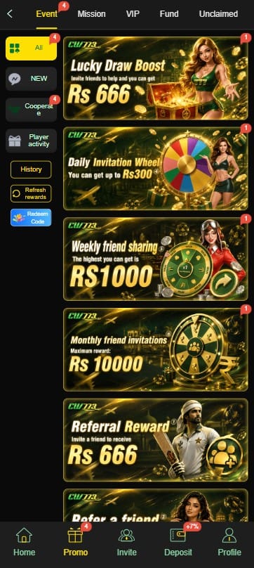 CW773 game promotions page showing Rs 666 bonus referral rewards and event offers