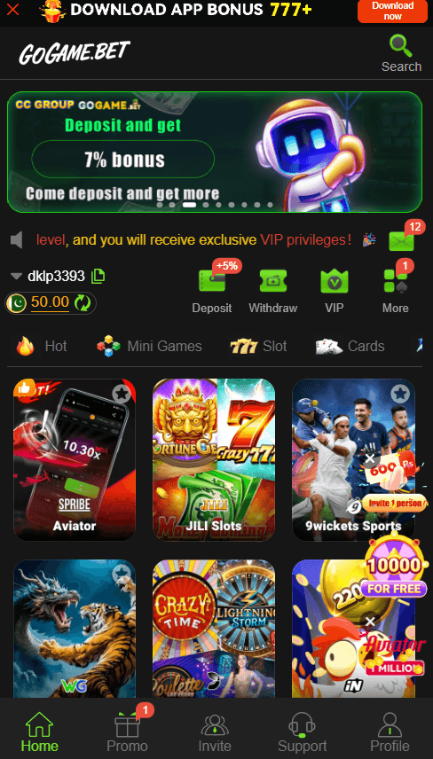 GOGAME Game main dashboard on Pixel 8a displaying PKR balance and quick access to Spribe Aviator, JILI Slots, and 9wickets Sports.