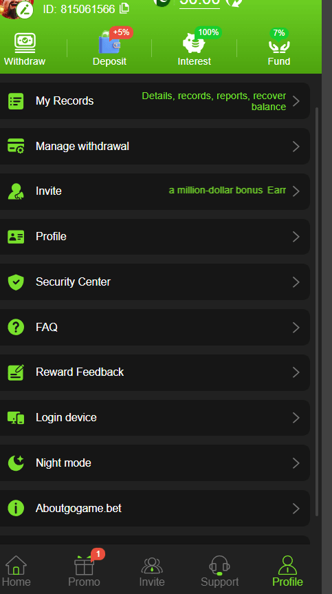 GOGAME Game user profile interface showing account ID, withdrawal management options, security center, and night mode toggle.