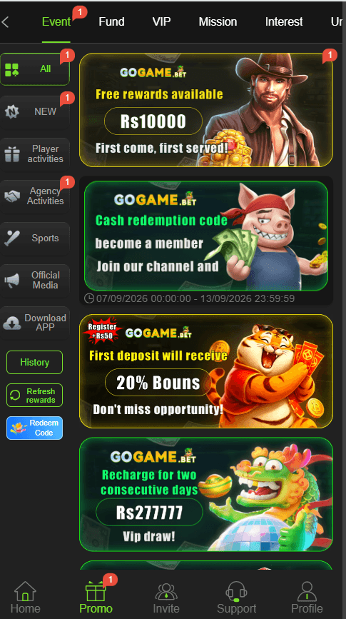 GOGAME Game promotional event center highlighting first deposit 20% bonus, free rewards, and VIP draw events.