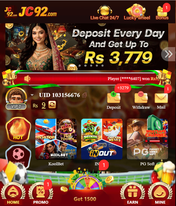 JC92 APK Download 2026: Download The Best Rewarding Game in Pakistan 2 JC92 Game home dashboard showing user balance, deposit, withdrawal, game providers and bottom navigation
