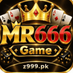 High-contrast MR666 Game app icon featuring a gold crown, playing cards, dice, and the z999.pk website domain on a dark background.