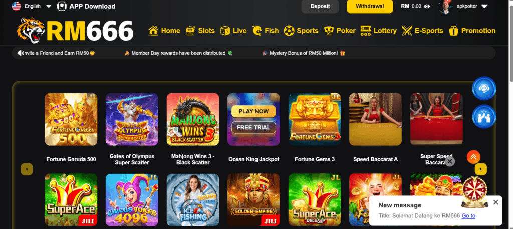 RM666 app dashboard on Android showing categories like Slots and Live, user balance of RM 0.00, and game tiles for Fortune Garuda 500 and Super Ace.