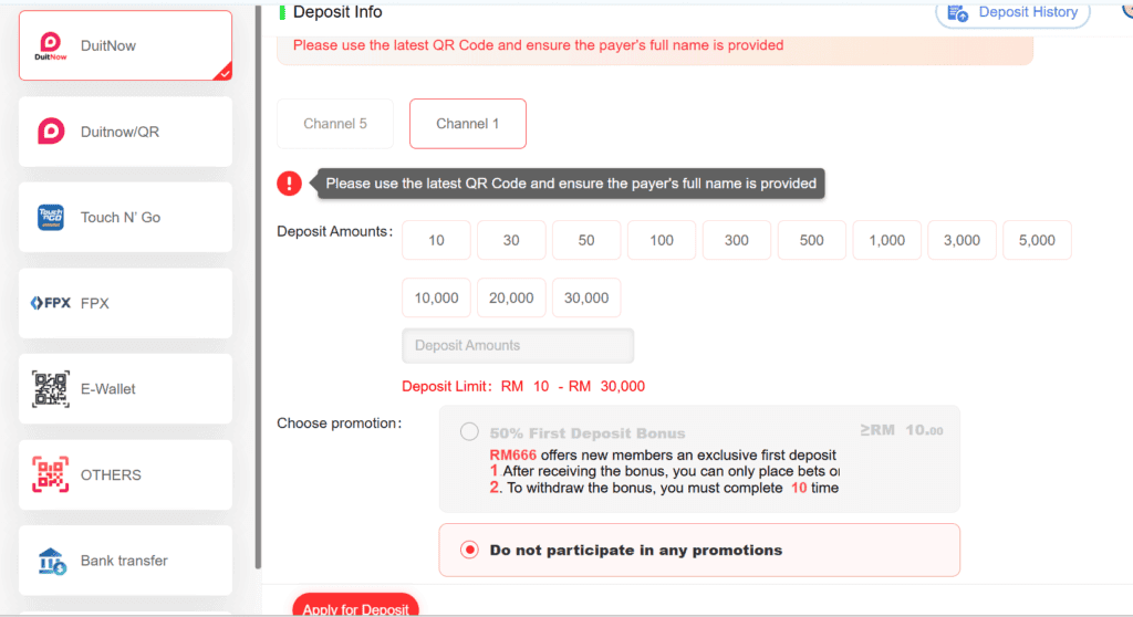 Deposit Info overlay in MR666 Game showing supported payment channels including DuitNow, Touch N' Go, FPX, E-Wallet, and Bank Transfer alongside deposit amounts.