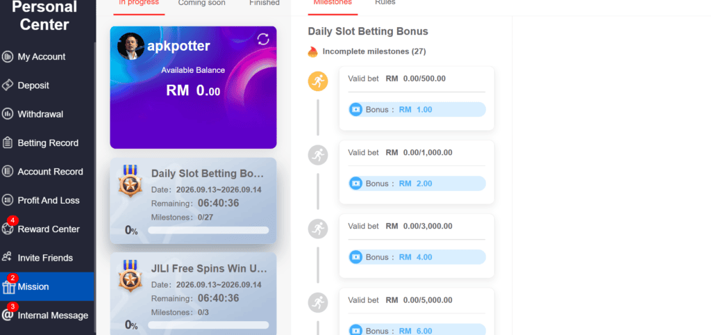 Milestones screen in the Reward Center displaying dynamic progress steps and turnover goals for valid bets on a Pixel 8a.