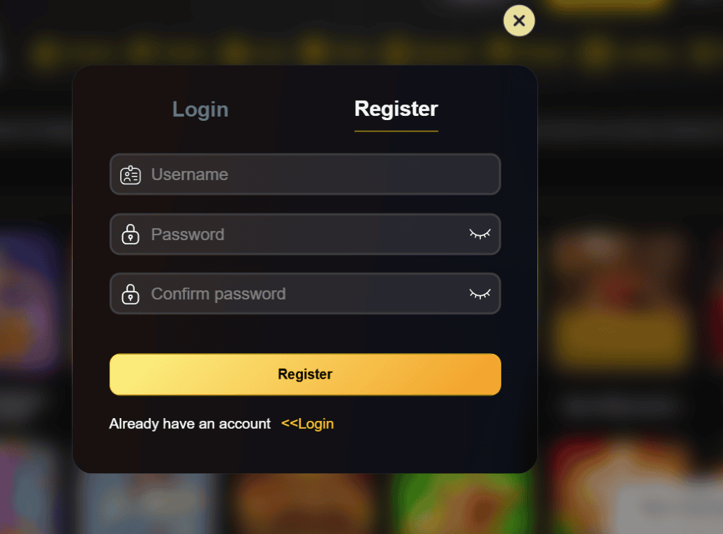 Dark-themed account registration pop-up for MR666 Game displaying input fields for Username, Password, and Confirm Password with visibility toggle icons.