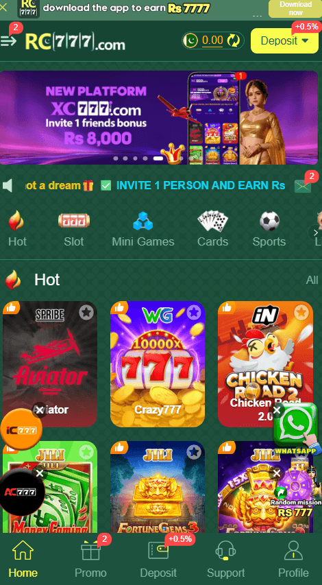 RC777 Game home screen showing Hot, Slot, Mini Games, Cards, Sports and featured games