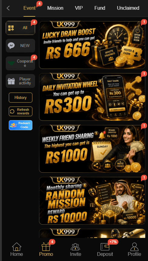 UK999 App Download for Android promo screen showing referral code bonus offers, daily invitation wheel rewards, and lucky draw events.