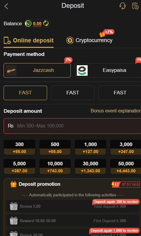UK999 Real Money Earning App online deposit interface in Pakistan displaying JazzCash, EasyPaisa, and cryptocurrency payment options with PKR bonus yields.