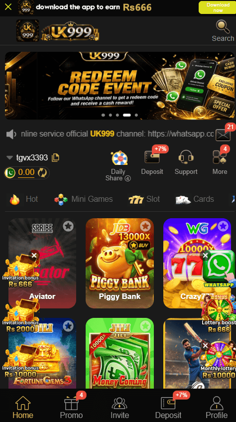 UK999 Game APK Download 2026 main lobby view on Android showing guest profile, PKR balance dashboard, and slot games like Aviator and Fortune Gems 3.