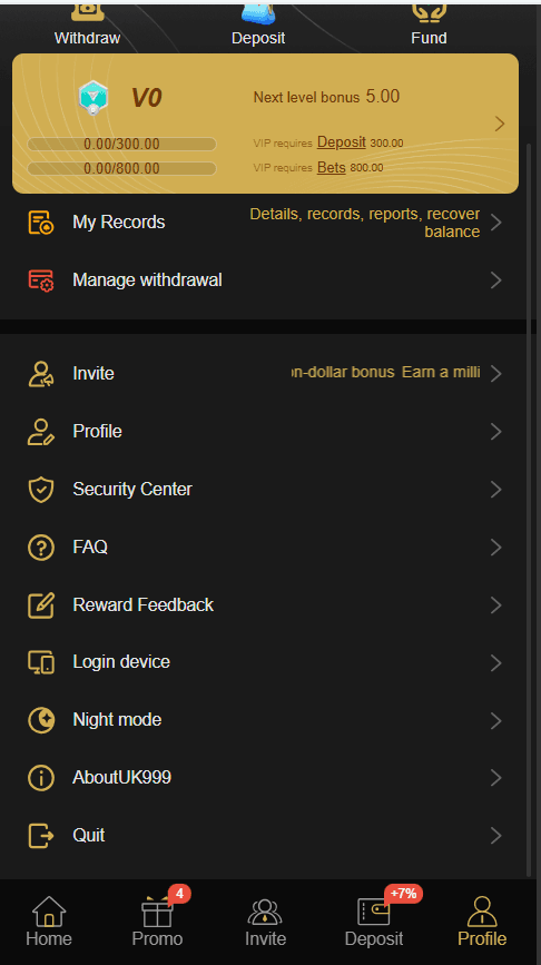 UK999 Game Latest Version 2026 profile screen displaying VIP V0 progression metrics, Security Center toggles, and account management tools.