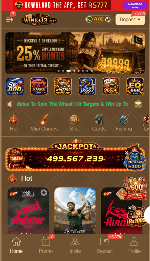 WIN1313 Game APK Download 2026 main lobby screen on Android showing RS777 promo banner, jackpot counter, and game categories