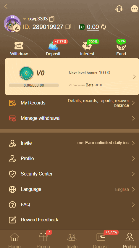 WIN1313 Game profile screen displaying user ID, balance counter, VIP V0 level requirement, and fast withdrawal navigation options