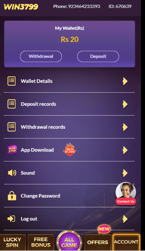 WIN3799 app account menu displaying PKR wallet balance, deposit records, and withdrawal options