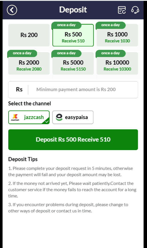 WIN3799 Game deposit screen showing Rs 200 minimum limit and JazzCash EasyPaisa payment channels