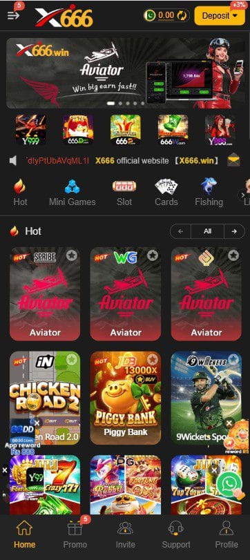 Main home dashboard screen of X666 Game app displaying Aviator crash games and Pakistani PKR currency balance.