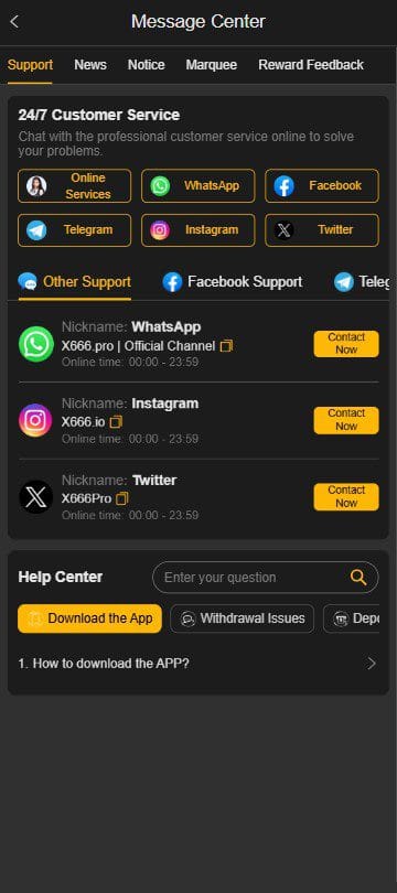 Message center screen of X666 Game listing official WhatsApp, Telegram, and 24/7 online live chat channels.