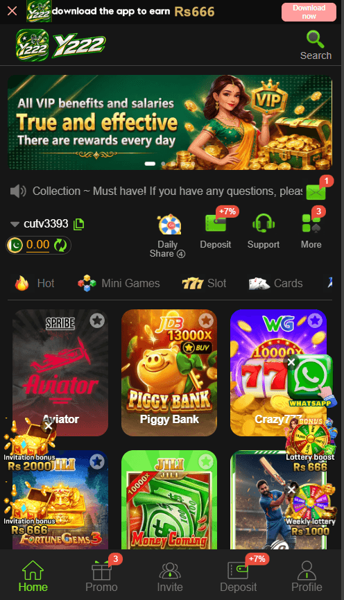 Y222 Game APK Download 2026 main dashboard on Pixel 8a showing Aviator, Fortune Gems 3, Piggy Bank games, and balance bar.
