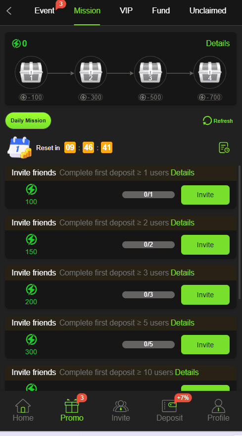 Y222 Game mission sub-menu detailing daily friend invite targets, energy chest milestones, and refresh countdown timer.