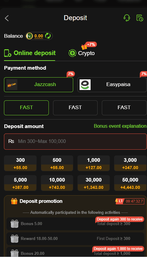 Y222 Game online deposit payment gateway showing JazzCash and EasyPaisa options with 7% bonus promotion tiers.